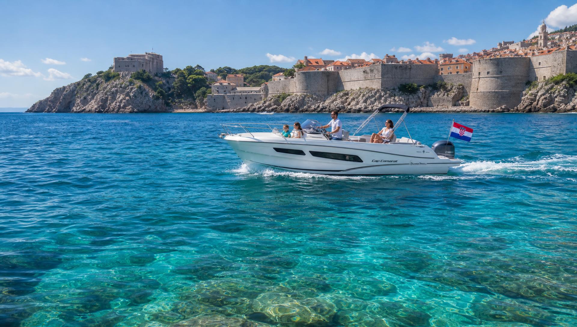Rental motorboat flying a Croatian flag cruising turquoise Adriatic water past a Dalmatian island village