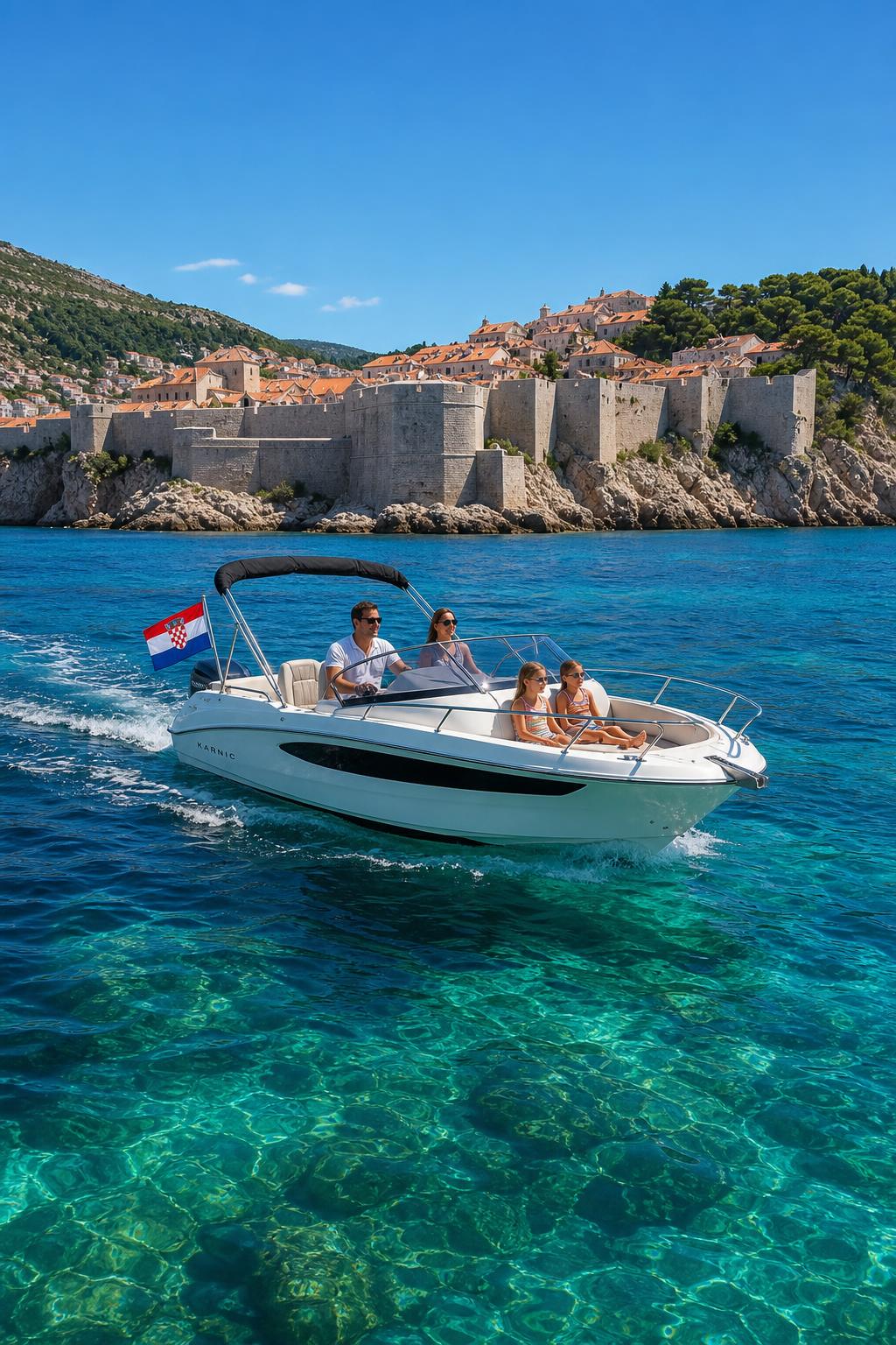 Rental motorboat with a Croatian flag cruising turquoise Adriatic water past a Dalmatian island village