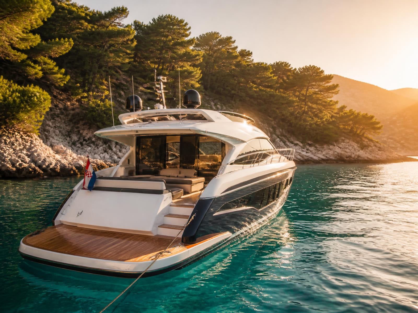 Motor yacht moored in a quiet turquoise Adriatic bay in Croatia